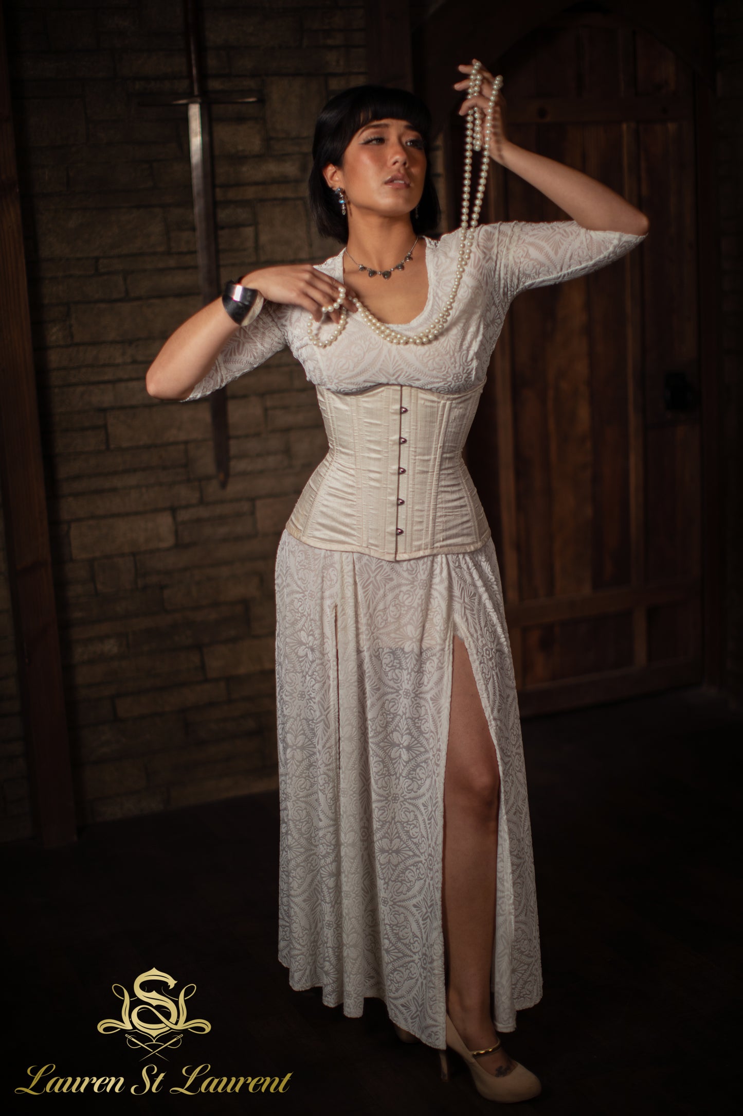 White Silk Long Line Waist-Training Corset