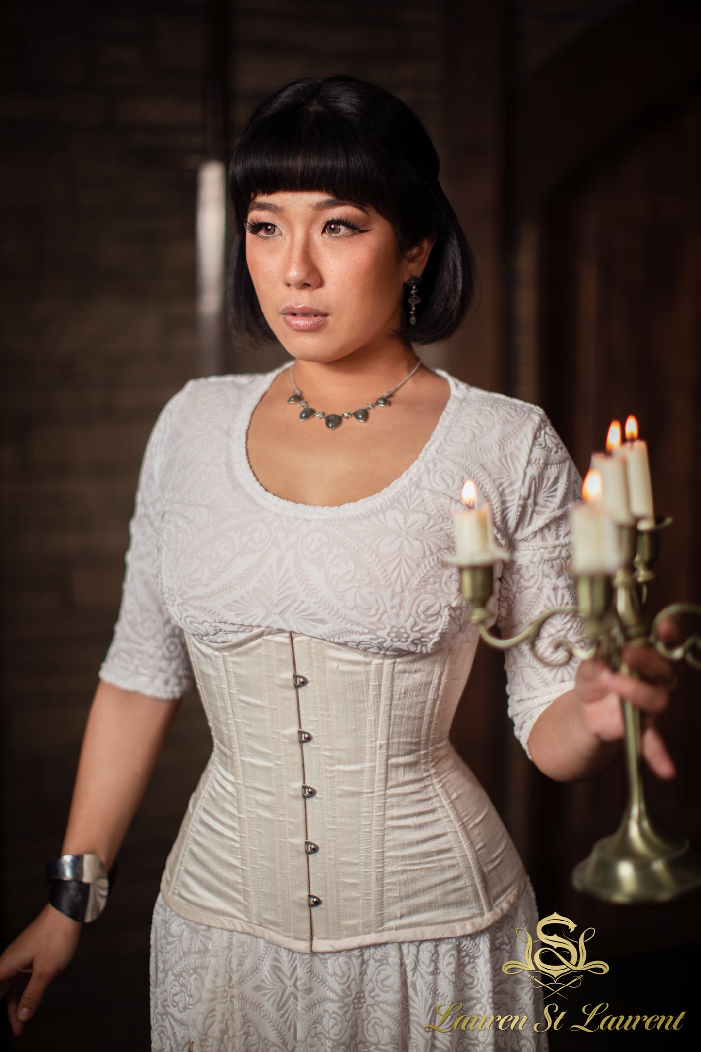 White Silk Long Line Waist-Training Corset