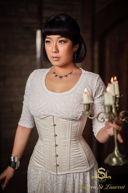 White Silk Long Line Waist-Training Corset